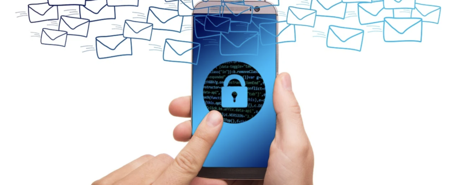 hand holding a phone with a lock on the screen, images of envelopes behind it